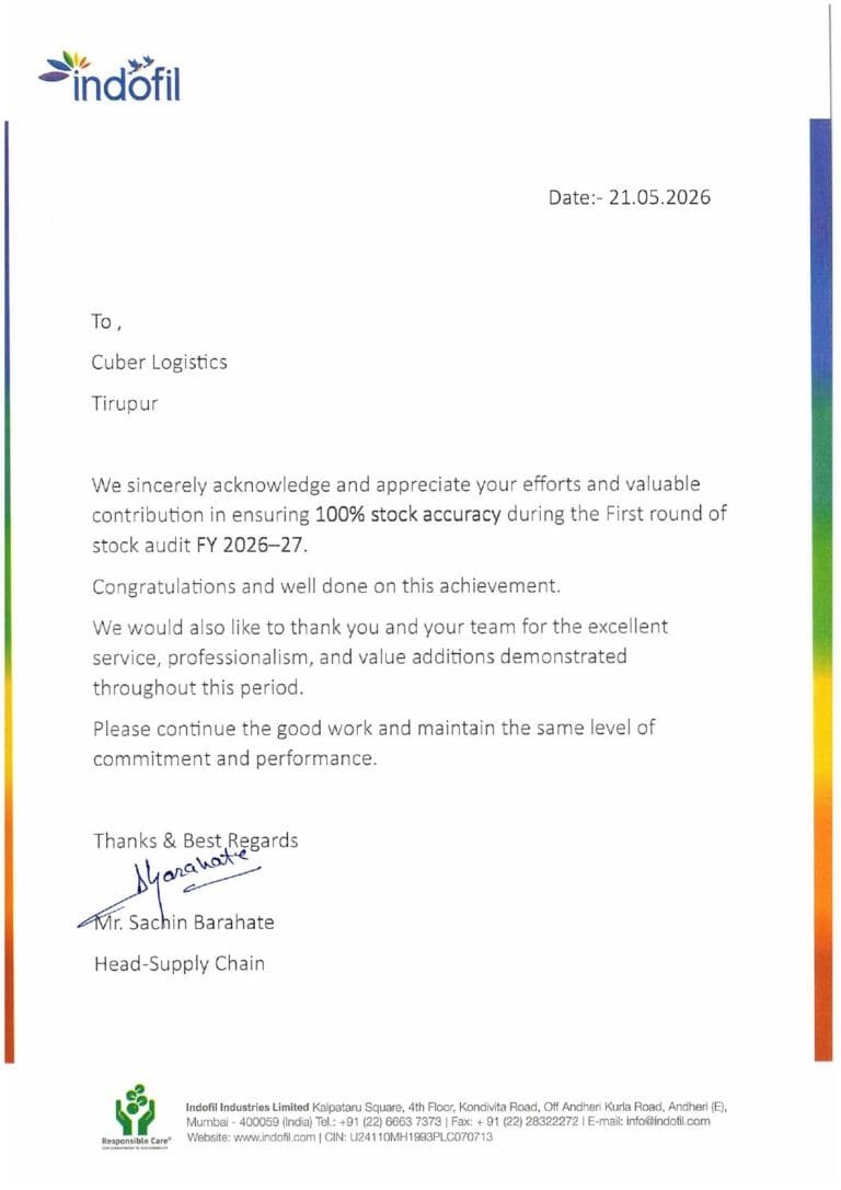 Appreciation Letter Tirupur